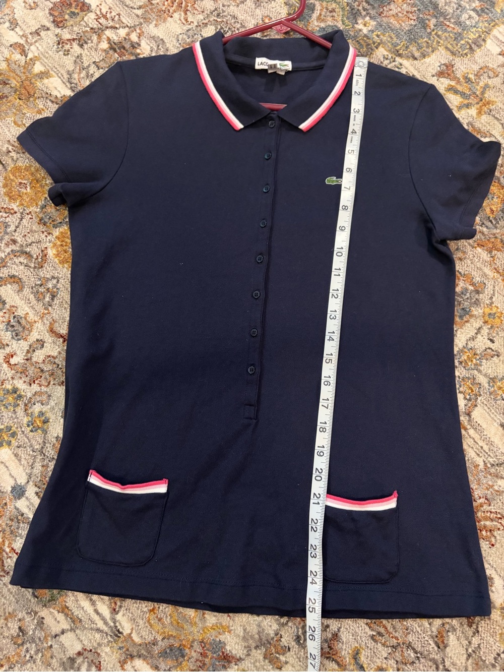 Lacoste Navy Button-Front Polo Top with Pink Trim